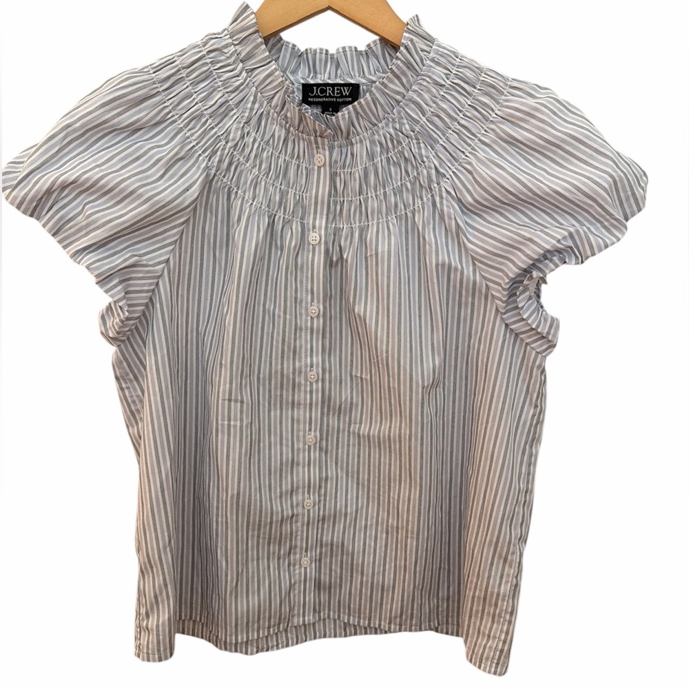 J. Crew Smocked-Neck Striped Cotton Poplin Size Small